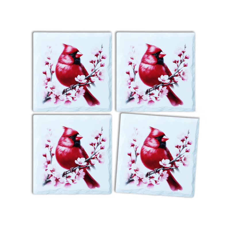 Cardinal w/ Pink Flowers Coasters