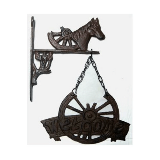 Horse Head w/hanging Welcome Wheel Cast Iron