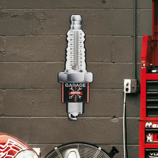 Spark Plug Tin Sign w/ Thermometer